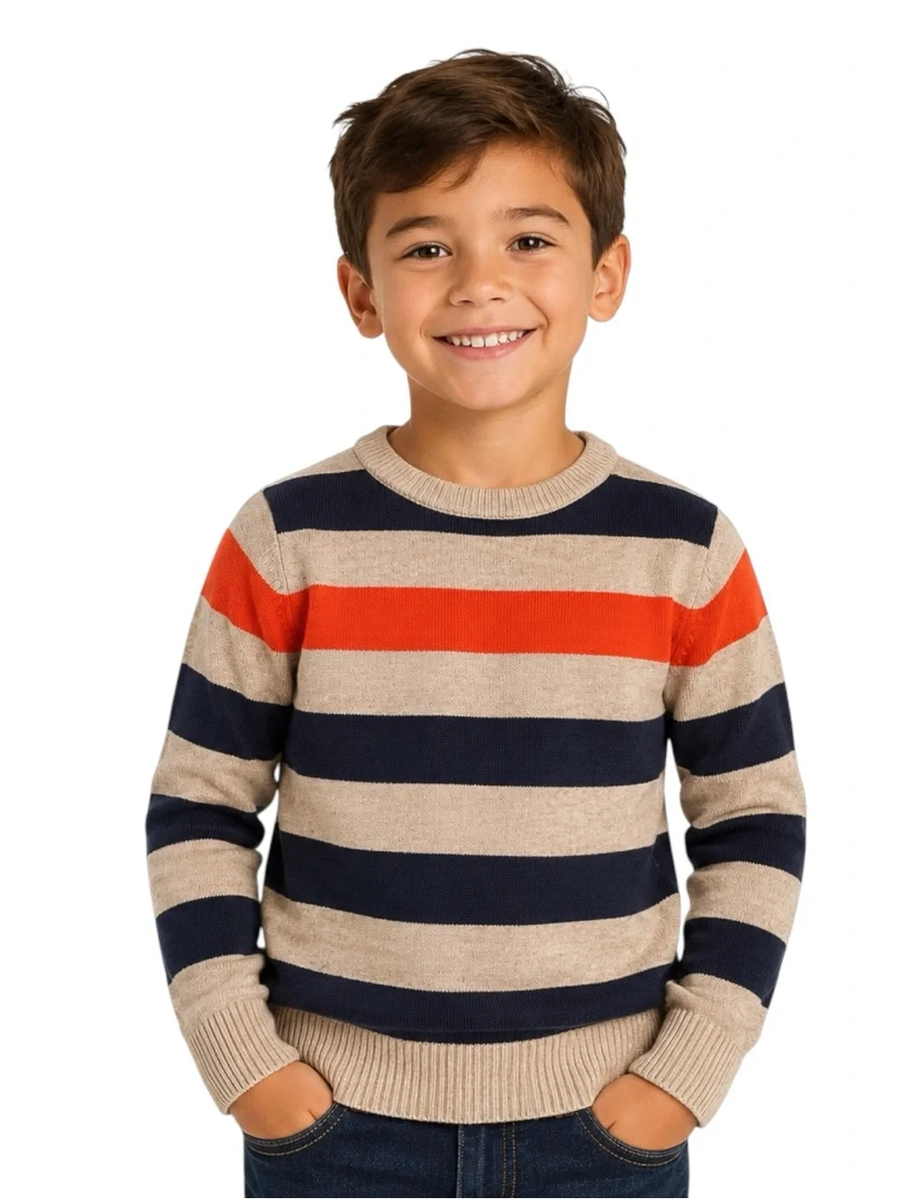 The Children’s Place Boys Beige Navy Orange Striped Cotton Sweater Size Small